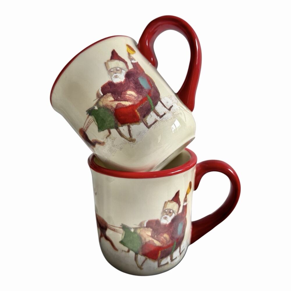 Williams Sonoma Santa and His Reindeer Christmas Mugs Coffee Chocolate SET OF 2